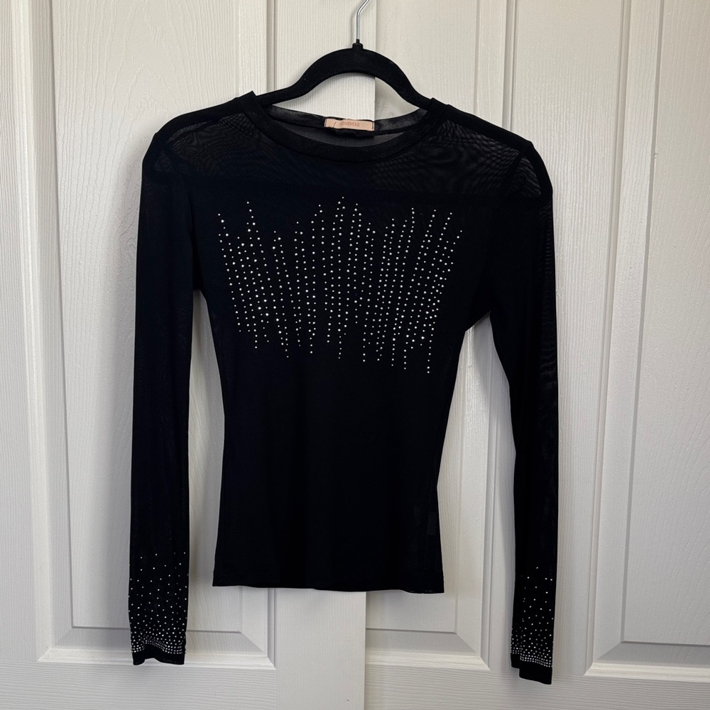 Forever 21 Black Long Sleeve Top with Rhinestones, sheer & stretchy fabric